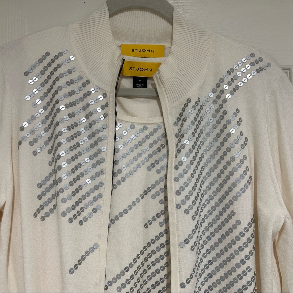 St. John Ivory Cardigan with Shimmering Silver Accents zip up sweater with tank - Picture 3 of 8